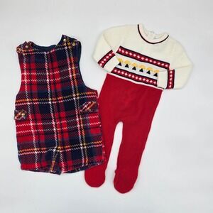 Vintage Knitted Footed Pajamas Romper and Overalls Set Festive Outfits Size 12M